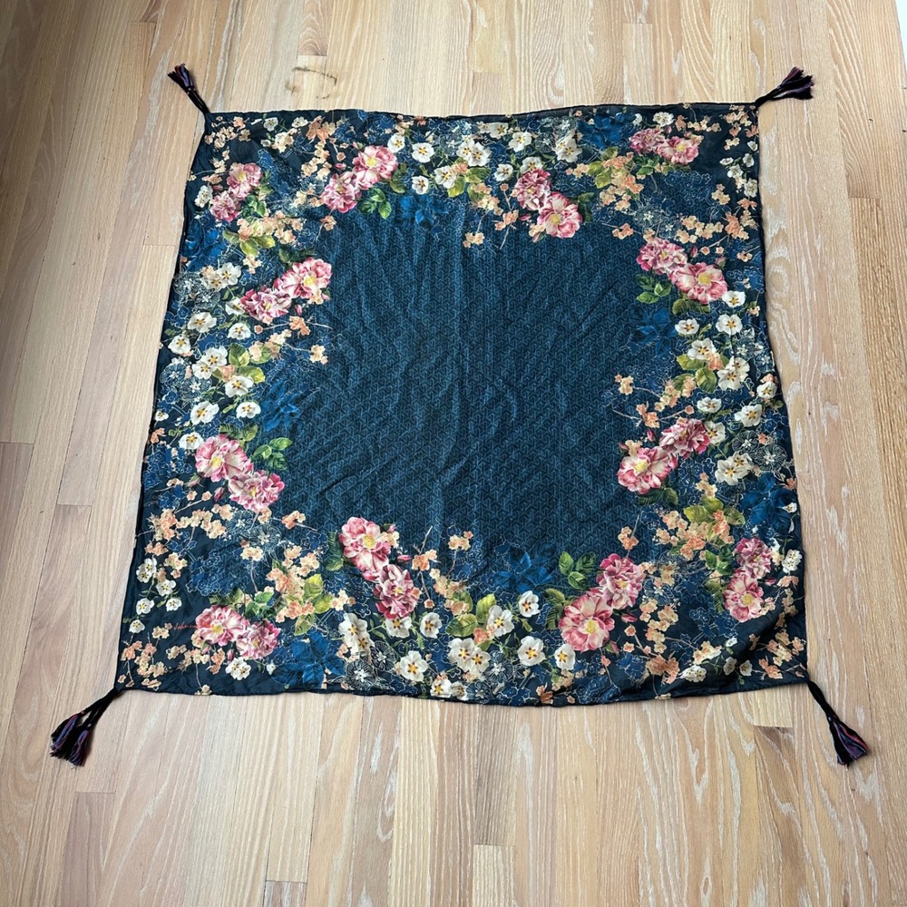 Johnny Was 100% Silk Square Floral Tassel Scarf Boho Dark Romantic Artsy Navy